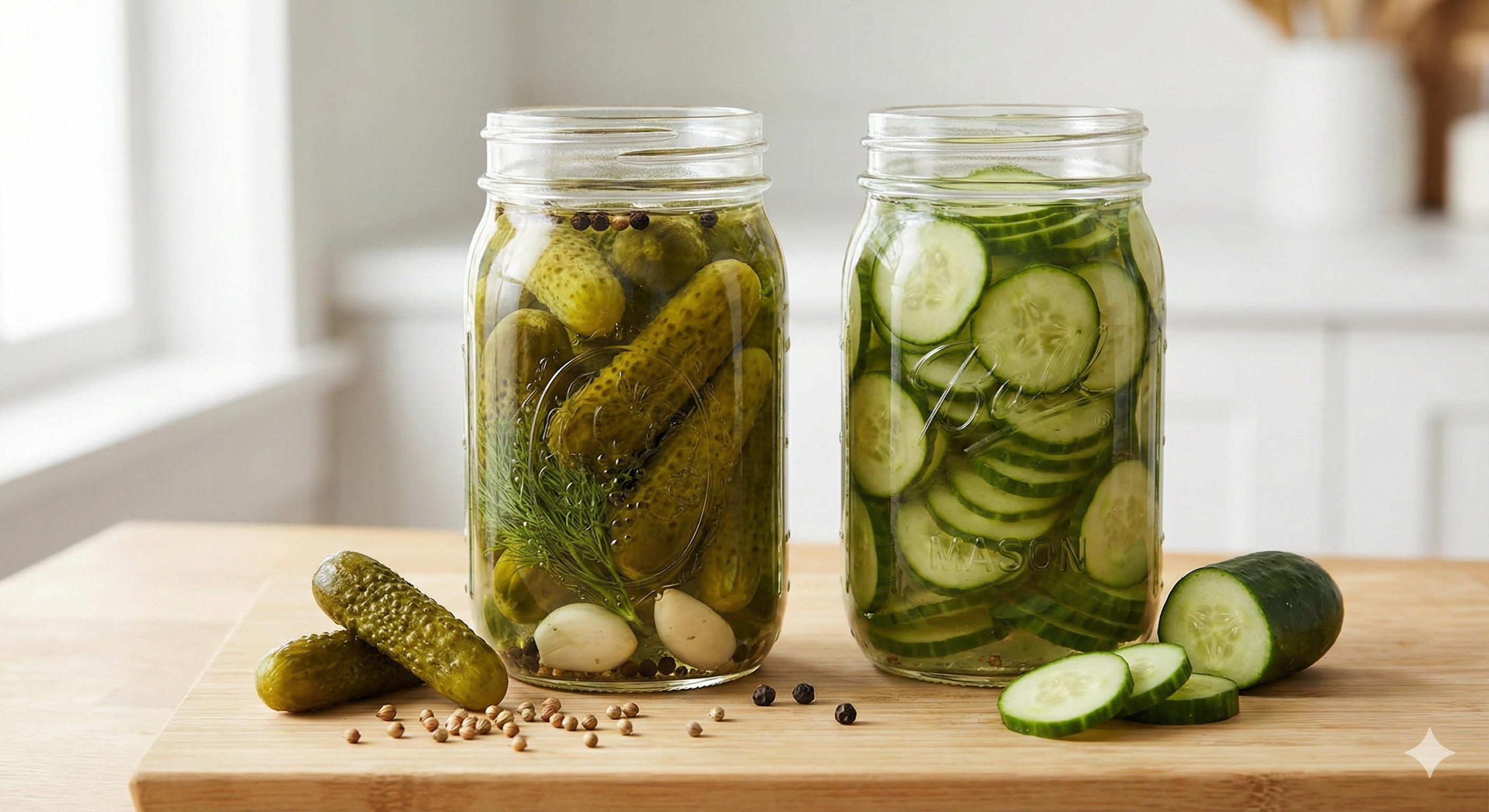 Two jars of pickled gherkins and sliced cucumbers