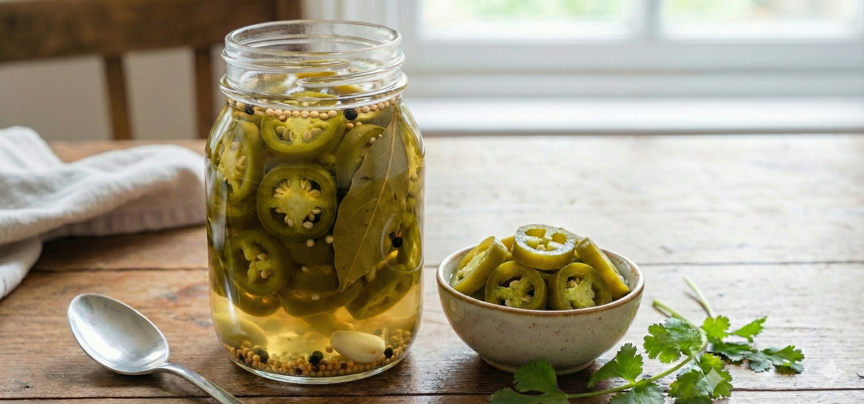 Jar of pickled jalapeños with bowl of sliced jalapeños